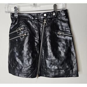 Meshki Black Faux Leather Mini Slant Silver Front Zip Diagonal Zip Pocket XS